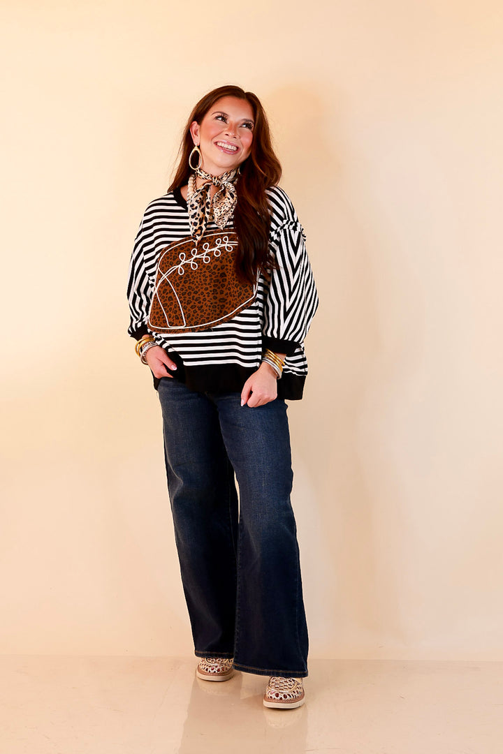 Put Me In, Coach Leopard Football Appliqué Oversized Graphic Striped Top in Black and Ivory