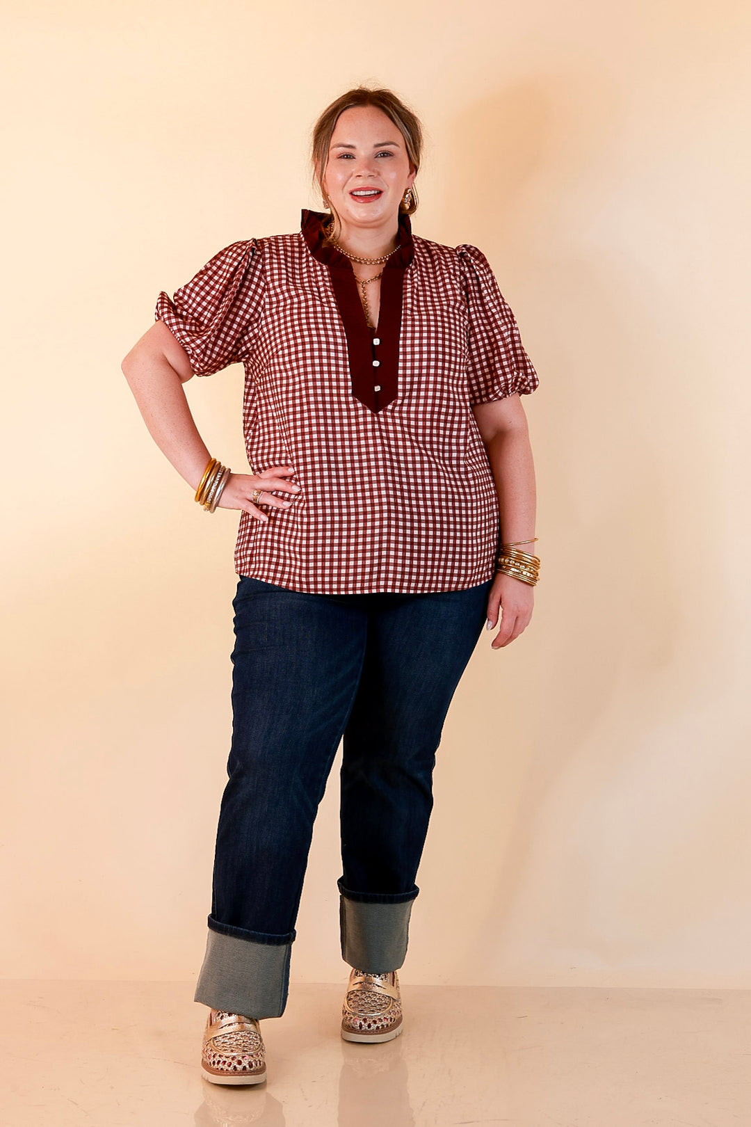 Check the Agenda Contrast V-Neck Button Detail Gingham Puff Sleeve Top in Maroon and Ivory