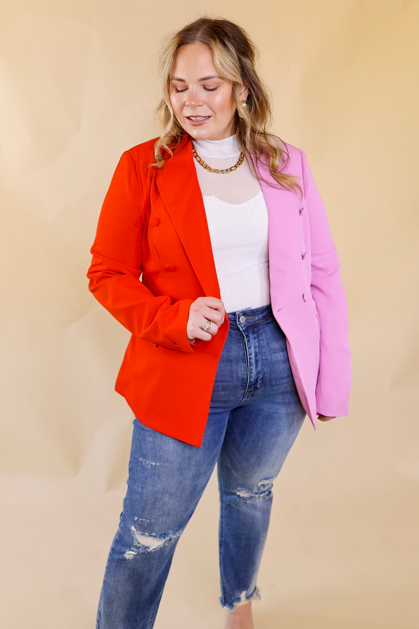 My Only Desire Color Block Button Up Blazer in Red and Pink - Giddy Up Glamour Boutique