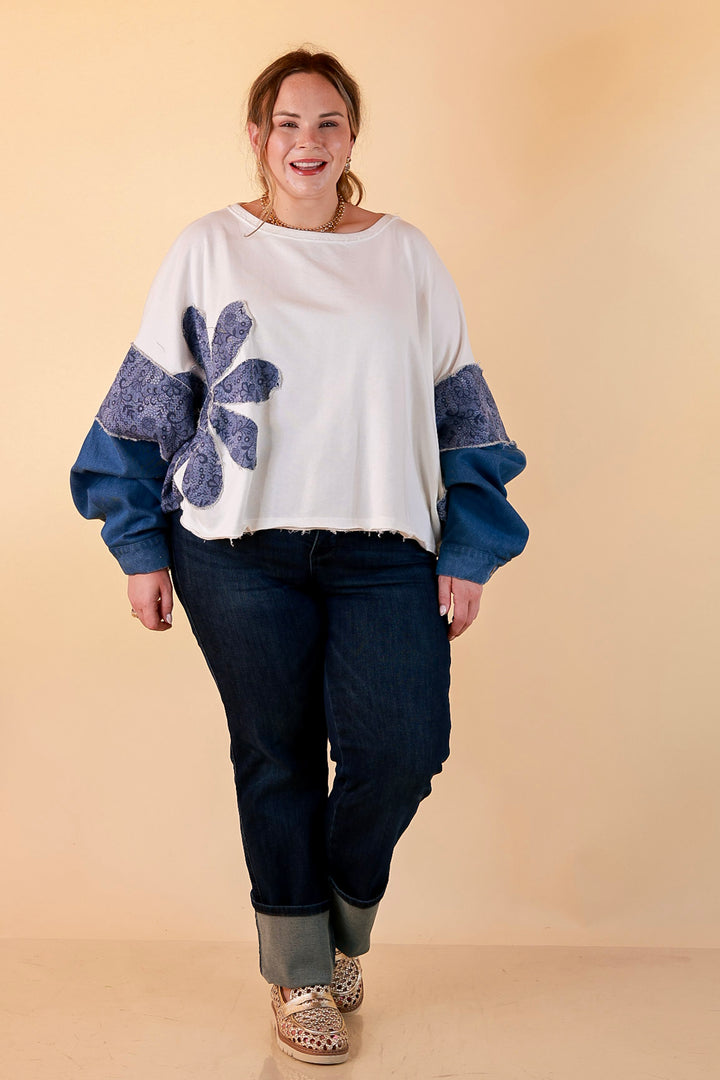 Blooming Details Oversized Floral Appliqué Contrast Sleeve Raw Hem Top in Ivory and Denim Blue