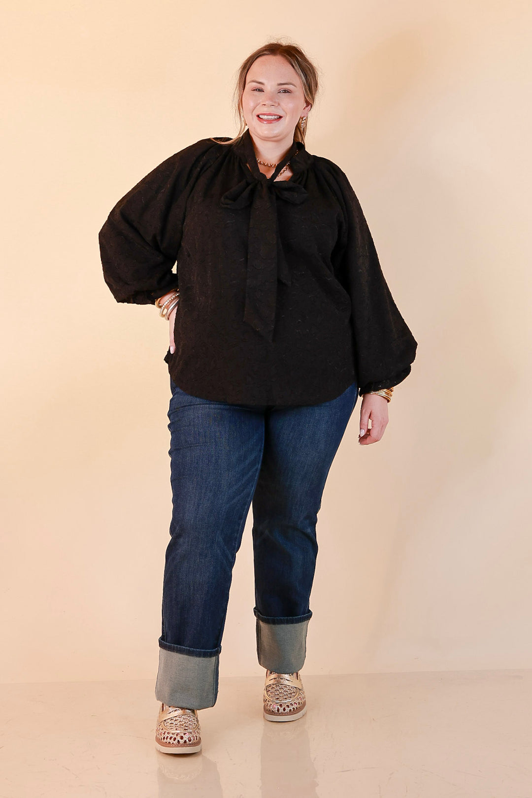 Commanding Attention Tie Neck Velvet Animal Print Balloon Sleeve Blouse in Black
