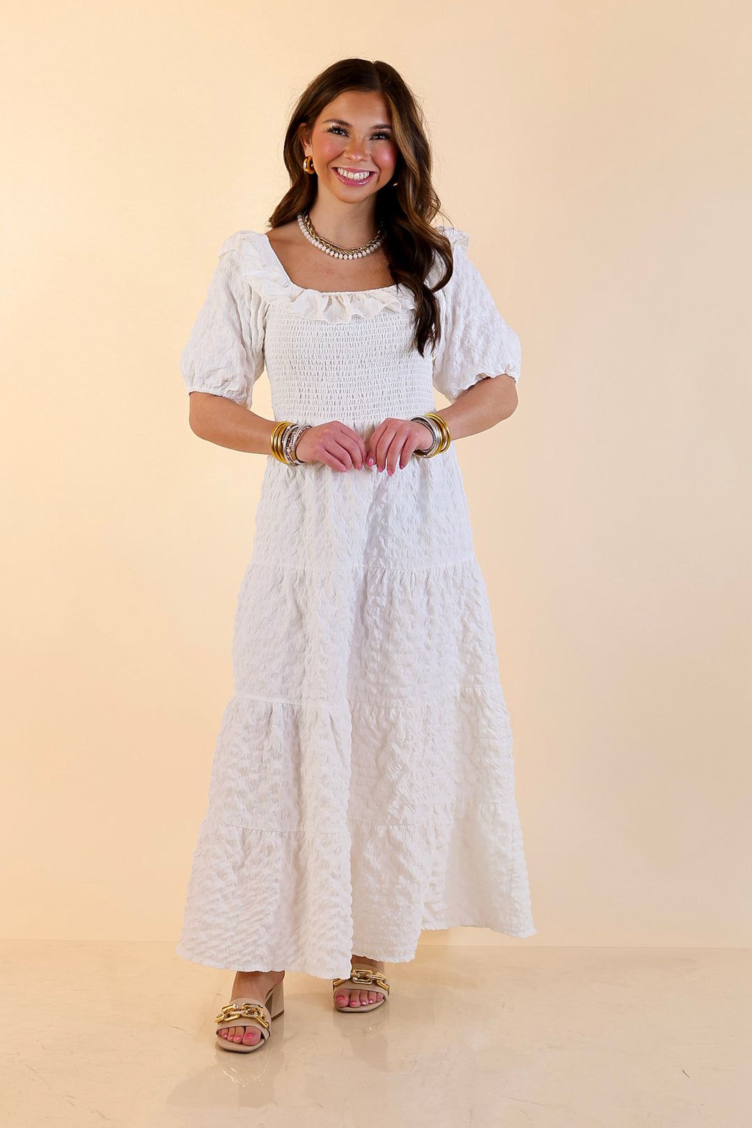 Simply Southern | Radiant Moment Textured Smocked Bodice Tiered Maxi Dress with Puff Sleeves in White