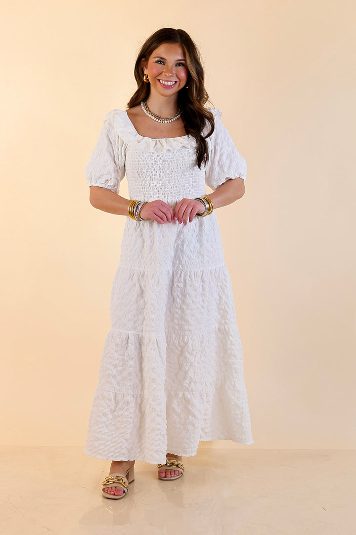Simply Southern | Radiant Moment Textured Smocked Bodice Tiered Maxi Dress with Puff Sleeves in White
