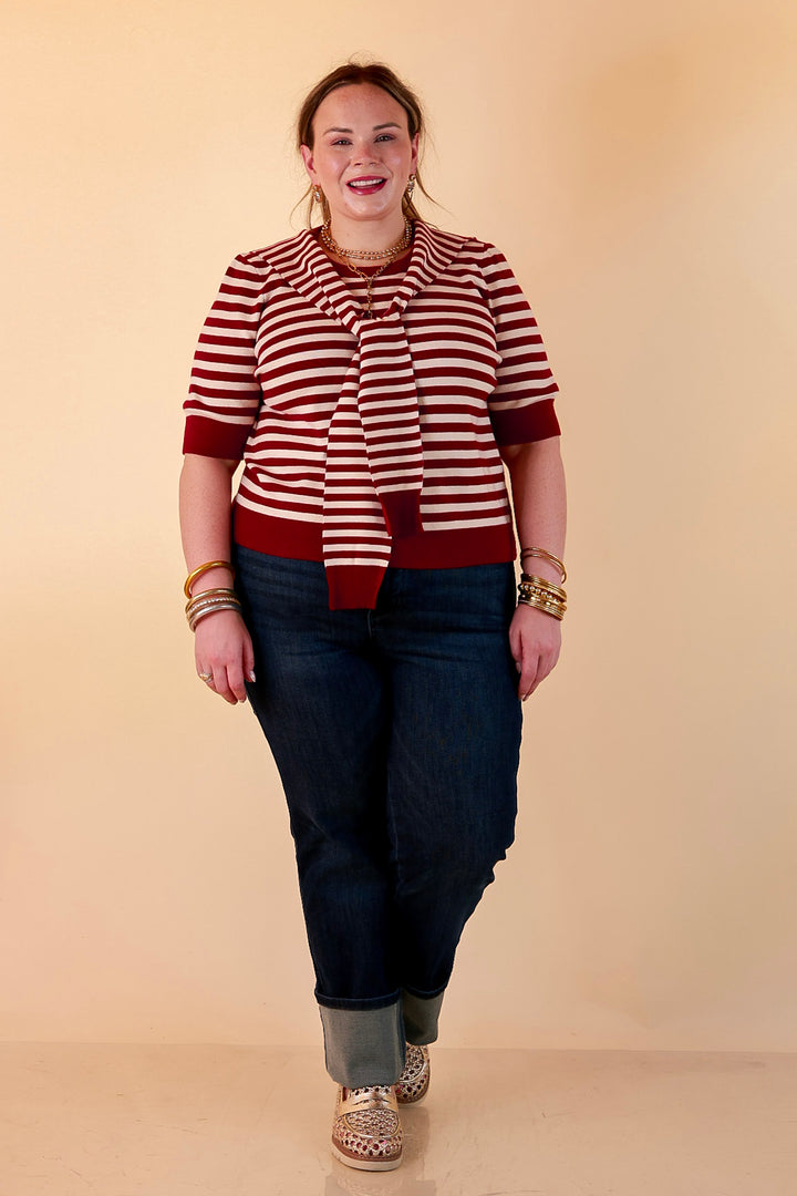 Leading Lady Faux Sweater Tie Detail Short Sleeve Striped Knit Top in Burgundy and Ivory