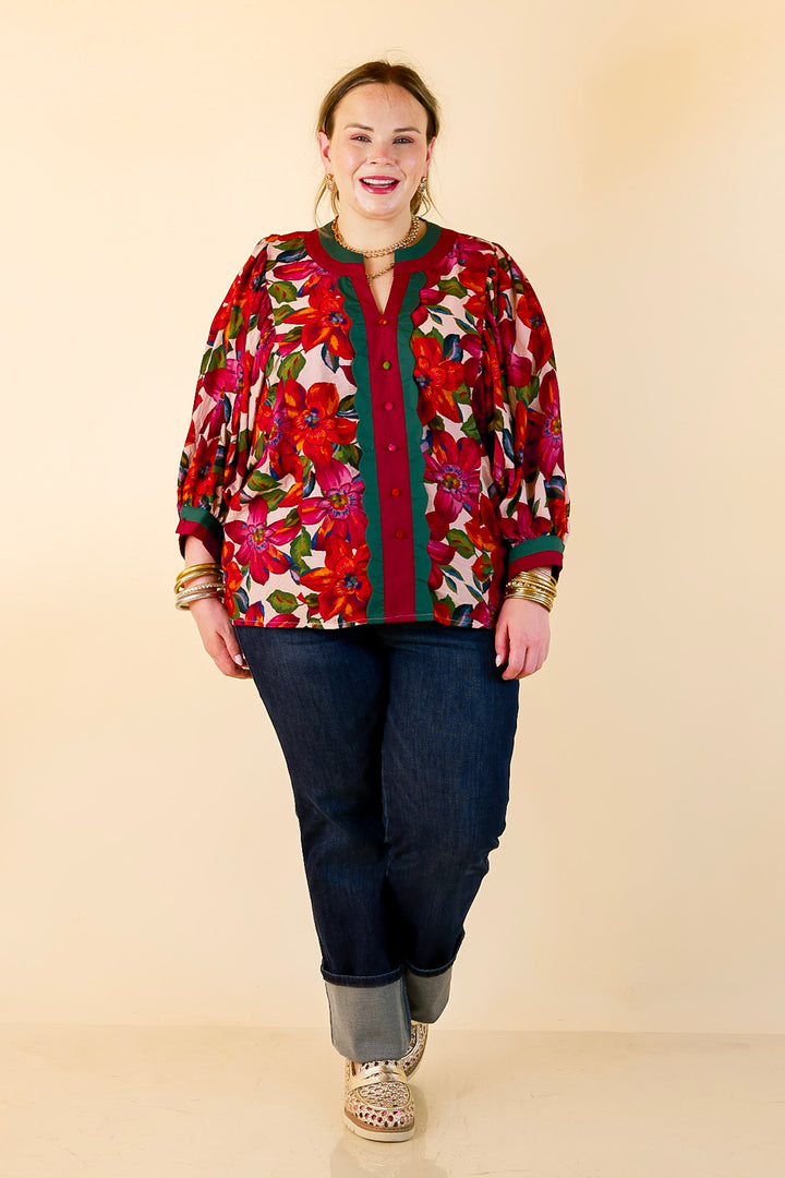 Color Me Confident Floral Print Button Front Contrast Trim Top in Ivory, Plum and Emerald Green