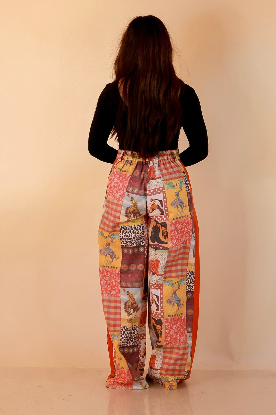 Western State of Mind Wide Leg Patchwork Cowboy Print Pants in Multicolor