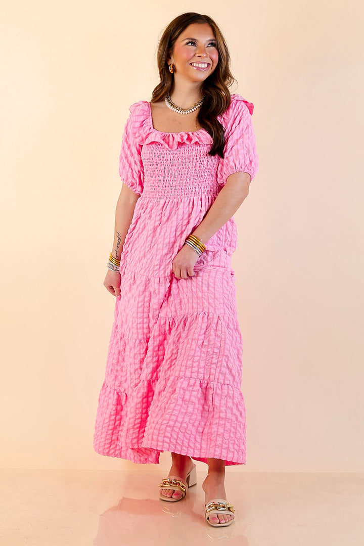 Simply Southern | Radiant Moment Textured Smocked Bodice Tiered Maxi Dress with Puff Sleeves in Pink