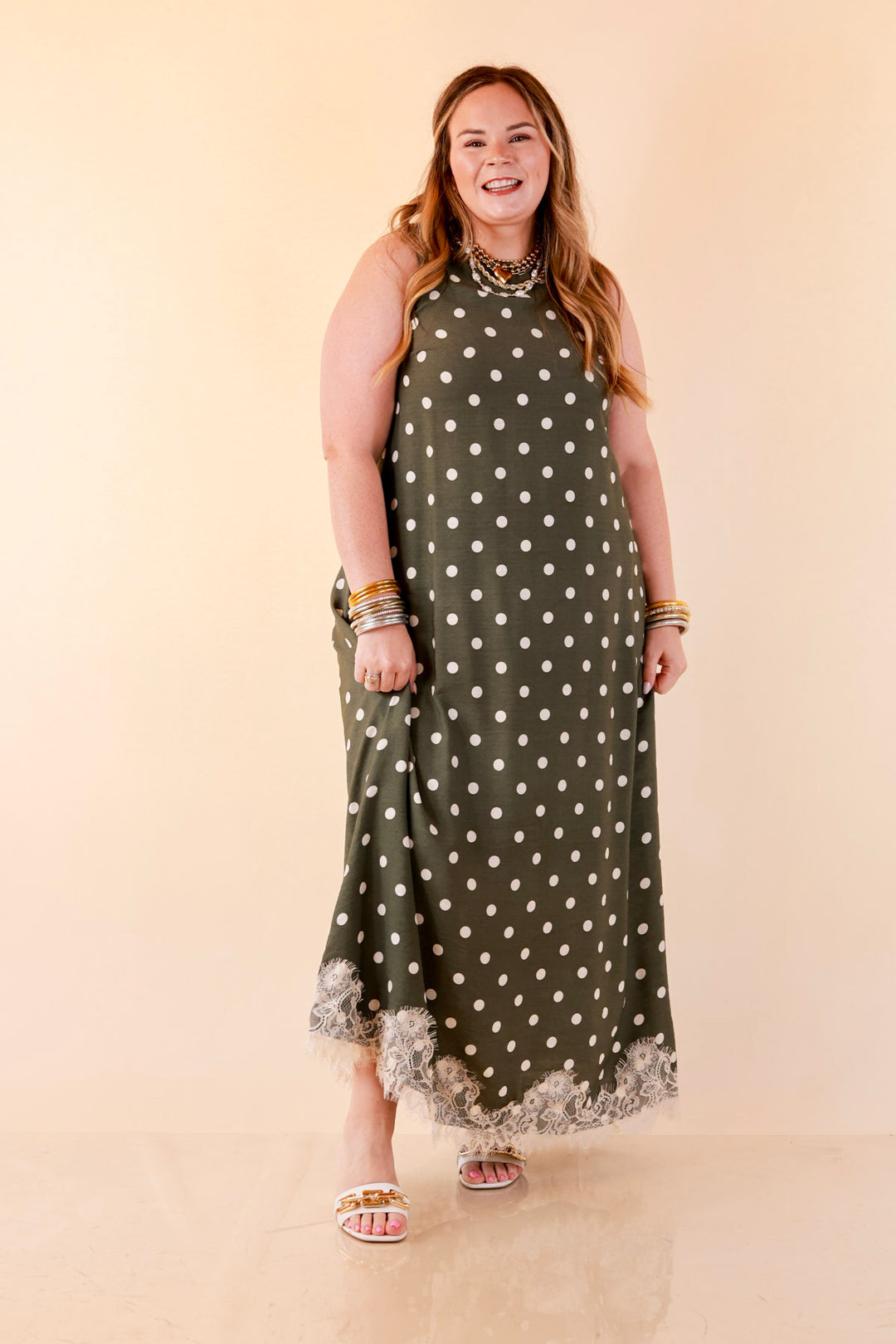 Sweet Little Something Polka Dot Sleeveless Maxi Dress with Lace Trim in Olive Green