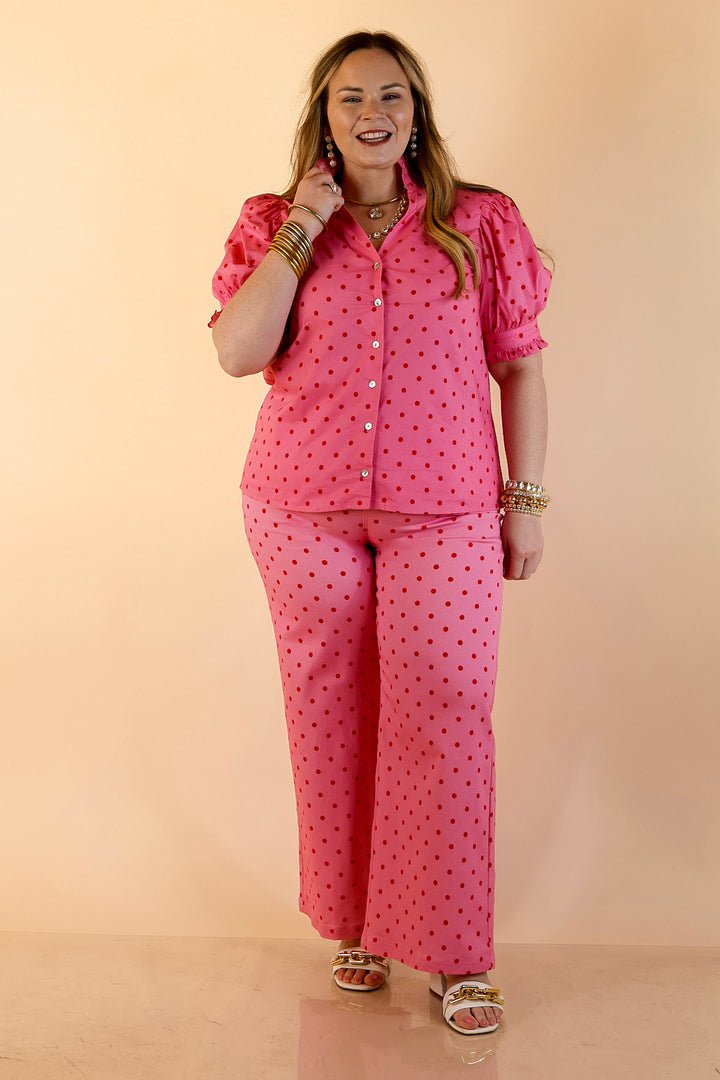Poised and Polished Button Front Puff Sleeve Top with Polka Dot Print in Pink and Red