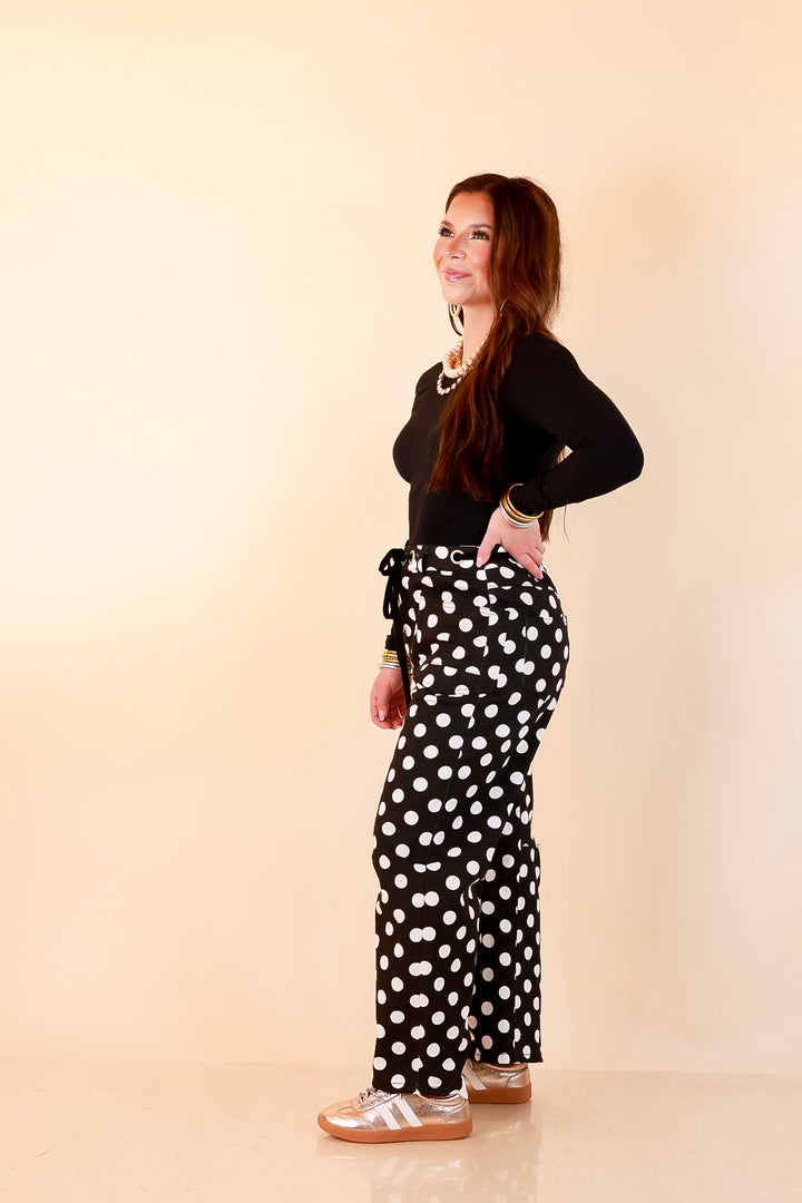 Just My Type Polka Dot Wide Leg Barrel Jeans with Drawstring Waist and Pockets in Black and White