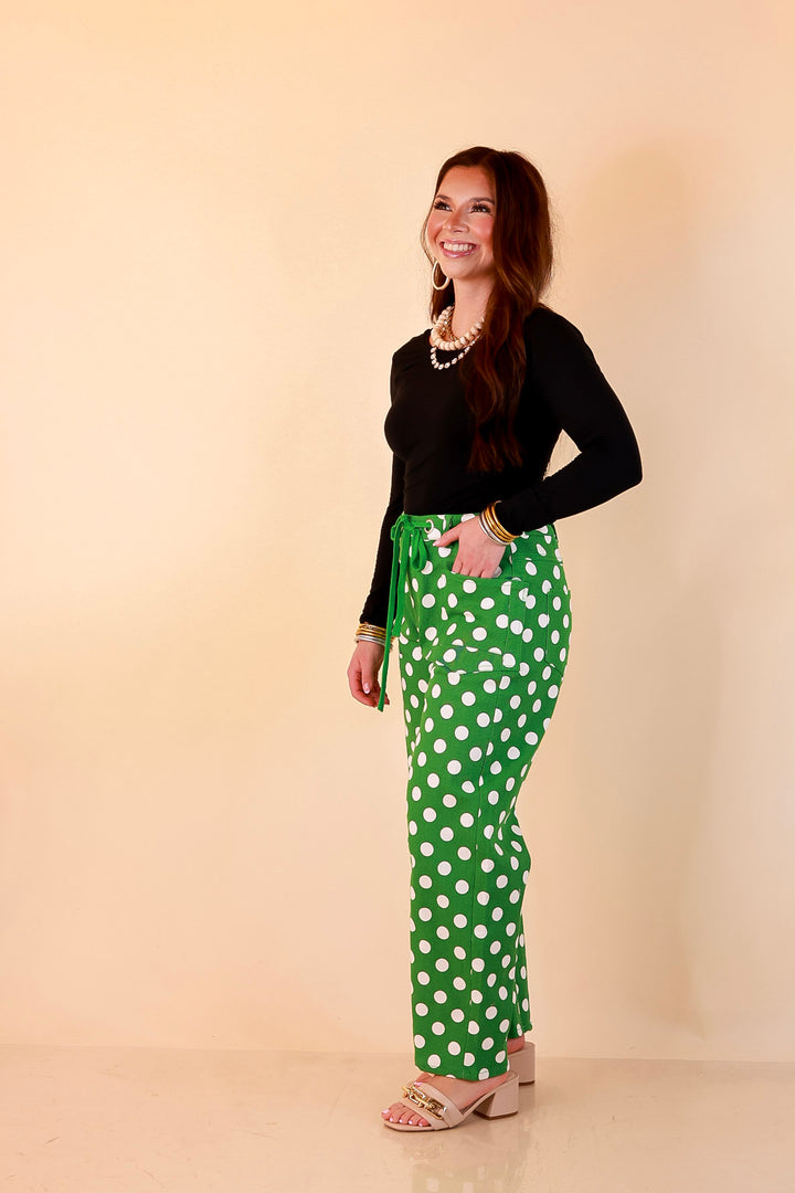 Just My Type Polka Dot Wide Leg Barrel Jeans with Drawstring Waist and Pockets in Green and White