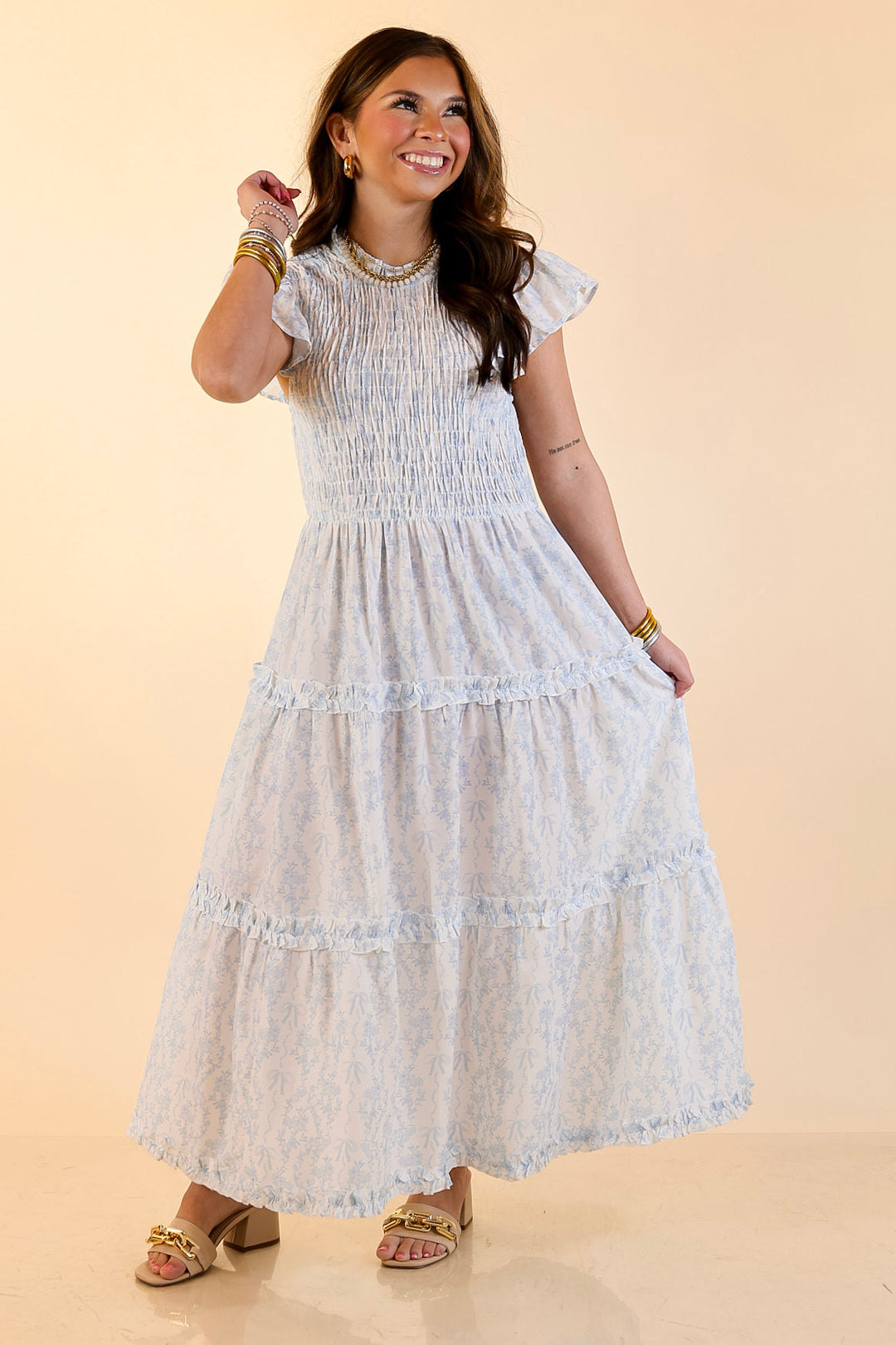 Mud Pie | Graceful Charm Smocked Toile Print Tiered Midi Dress with Ruffle Sleeves in Blue and White