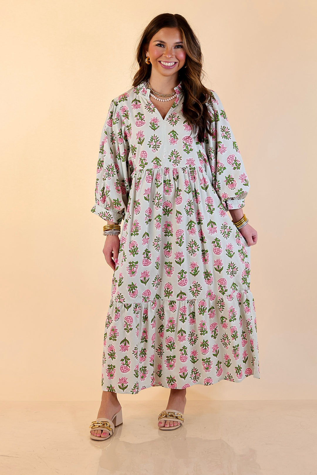 Mud Pie | Lovely Impression Cotton Poplin Floral Midi Dress with Ruffle Collar and Puff Sleeves in Sage Multi
