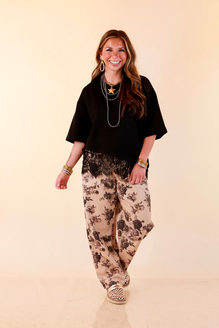 Laced with Charm Oversized Asymmetrical Lace Trim Boxy Top in Black