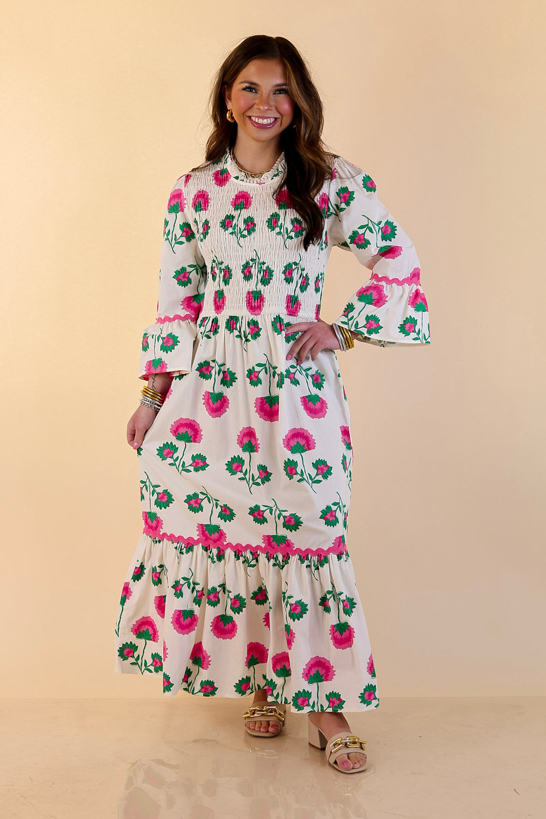 Mud Pie | Petal Parade Smocked Floral Print Tiered Midi Dress with Scallop Trim in Cream Multi