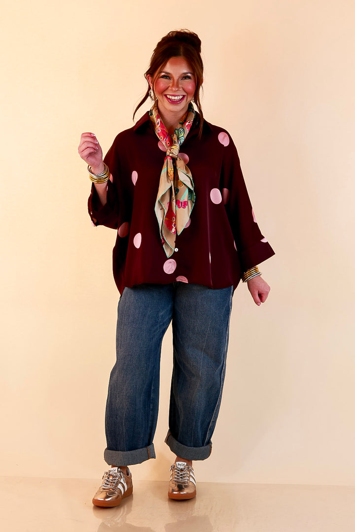 Two of a Kind Oversized Long Sleeve Button Down Blush Pink Polka Dot Blouse in Maroon