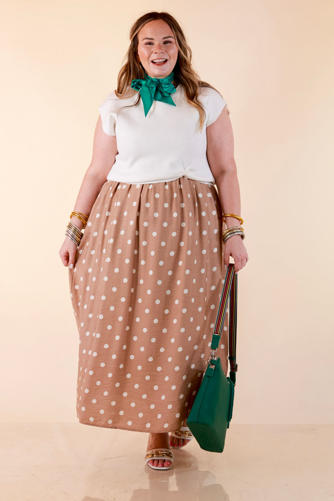 Two Ways to Charm Polka Dot Spaghetti Strap Dress Set with Detachable Ivory Top in Taupe
