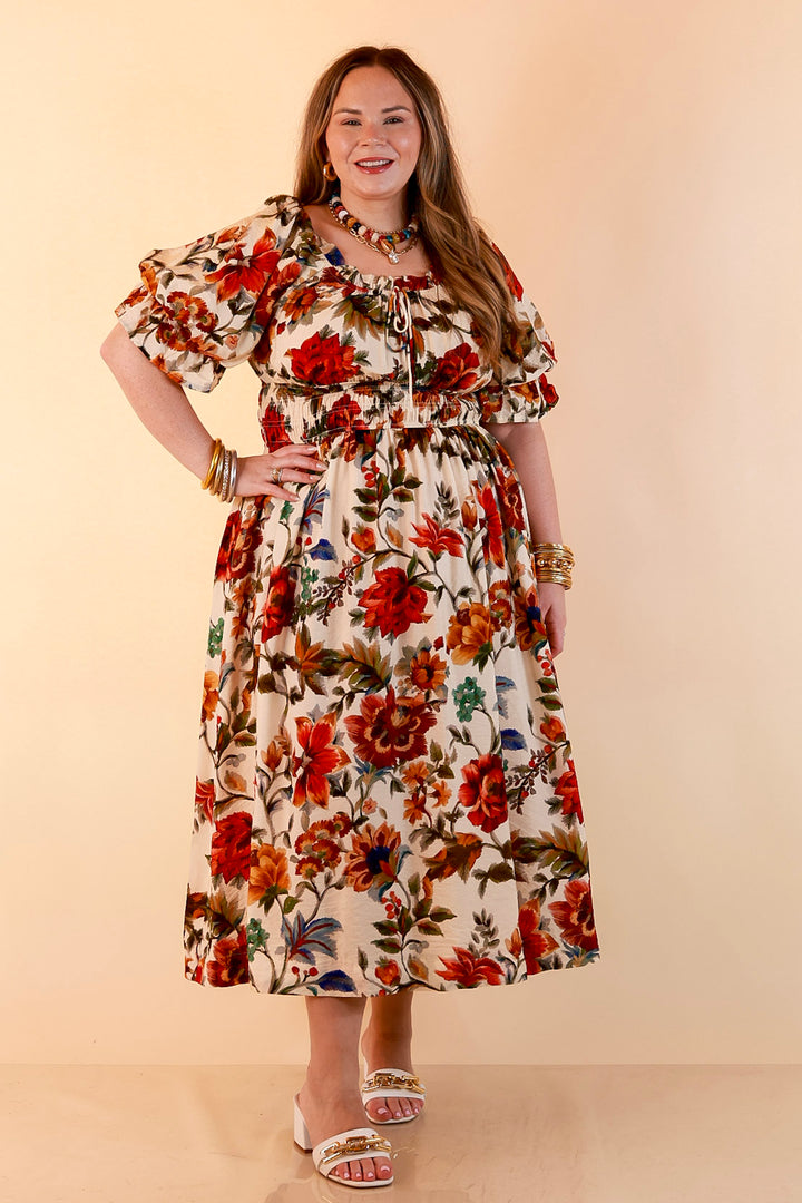 Autumn in the Air Puff Sleeve Smocked Waist Floral Print Tiered Midi Dress in Ivory Multi