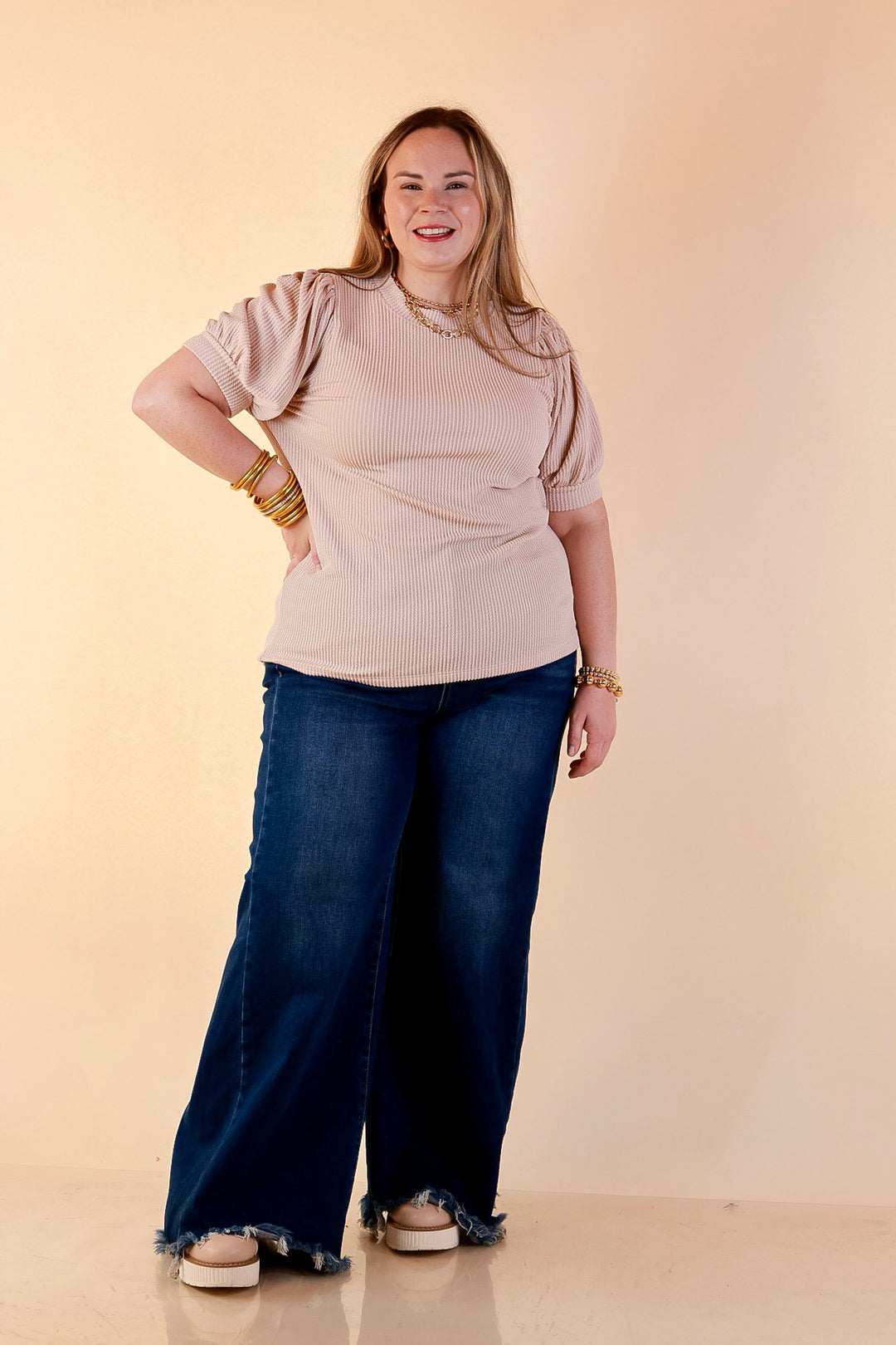 Sweet Sophistication Puff Short Sleeve Ribbed Top with Scoop Neck in Beige