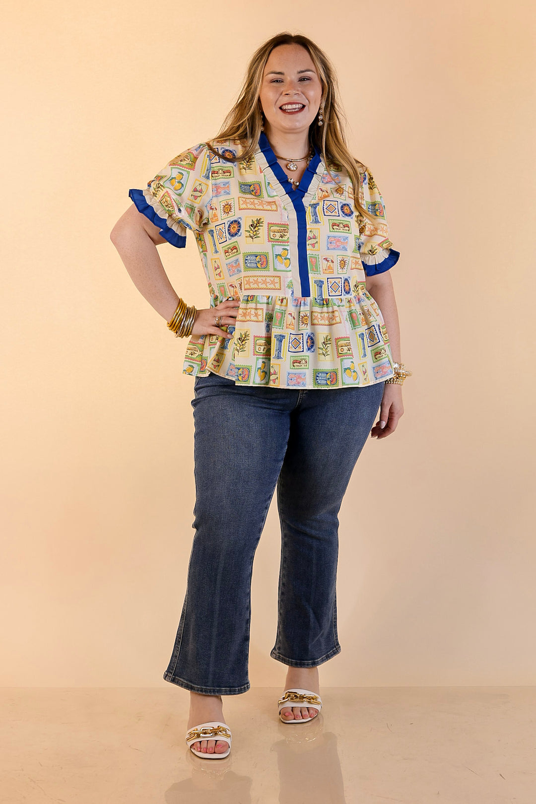 Simply Southern | Sunny Side Style Mediterranean Tile Print Peplum Top with Ruffle Trim in Cream Multi