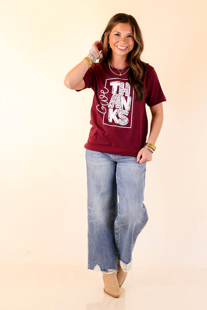 Give Thanks Short Sleeve Leopard Print Graphic Tee in Maroon