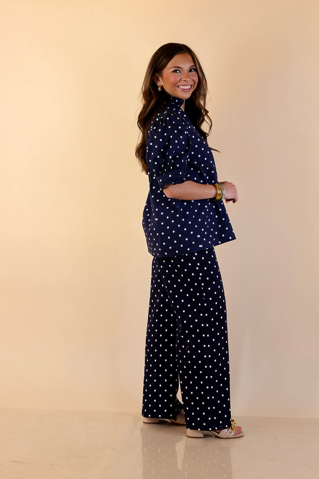 Poised and Polished Button Front Puff Sleeve Top with Polka Dot Print in Navy Blue and White