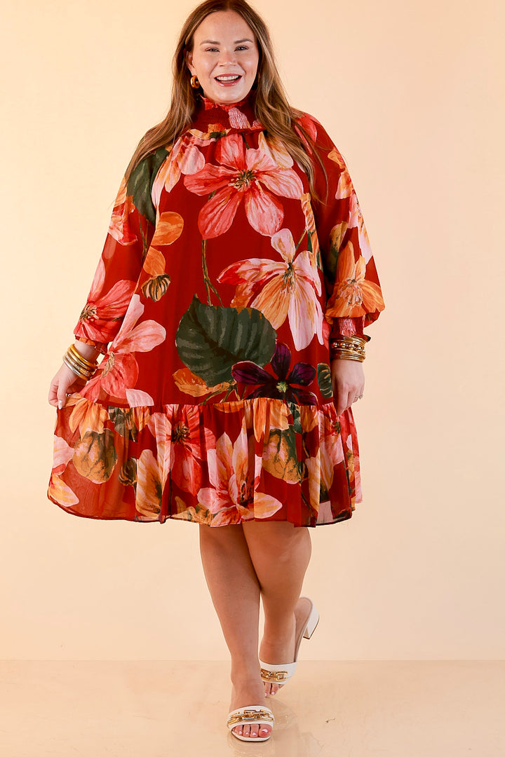 Autumn Romance Ruffle Neck Long Sleeve Floral Peplum Dress in Rust Red Multi