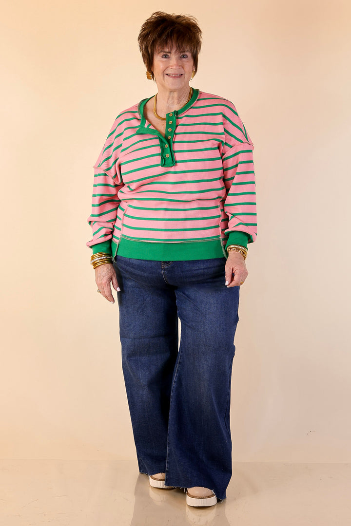 Casual Edge Long Sleeve Striped Henley Knit Top with Dropped Shoulders in Pink with Green Stripes