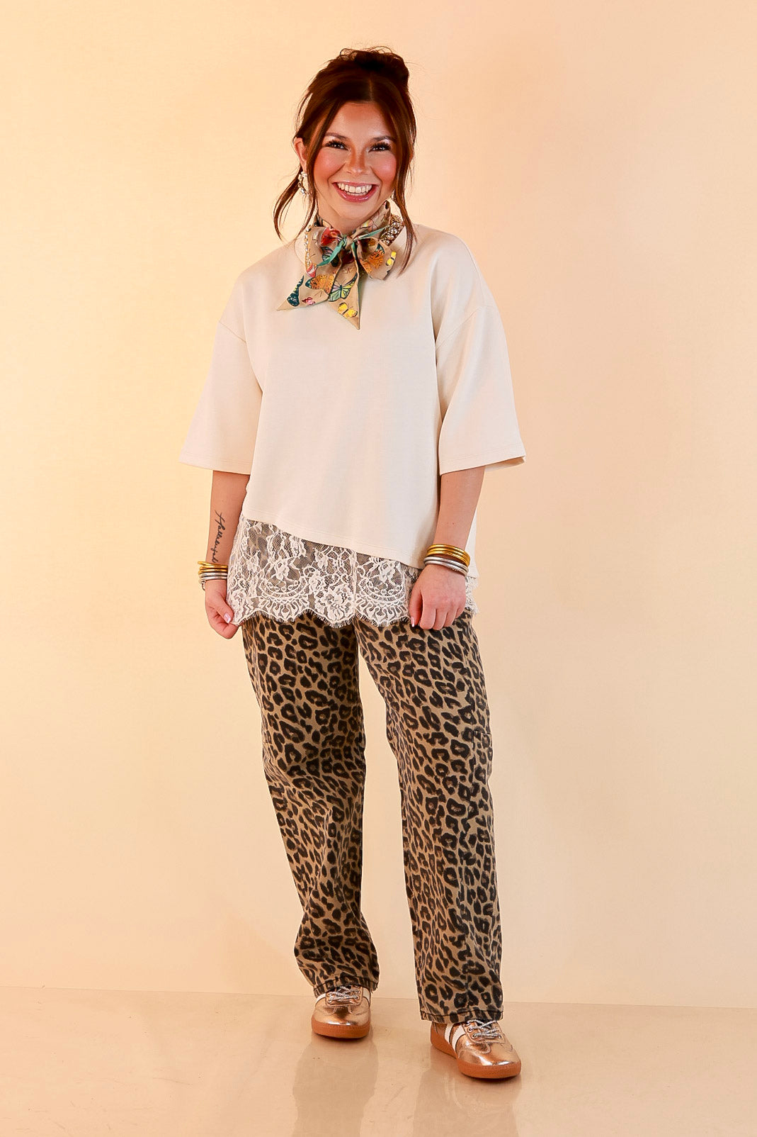 Laced with Charm Oversized Asymmetrical Lace Trim Boxy Top in Ivory