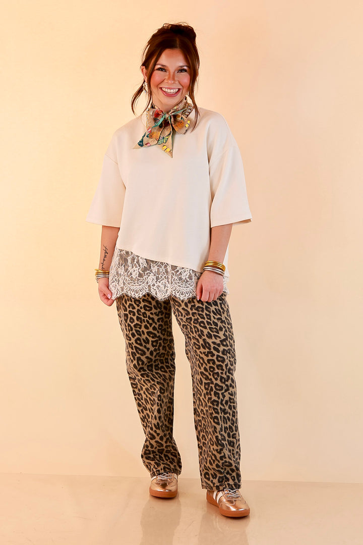 Laced with Charm Oversized Asymmetrical Lace Trim Boxy Top in Ivory