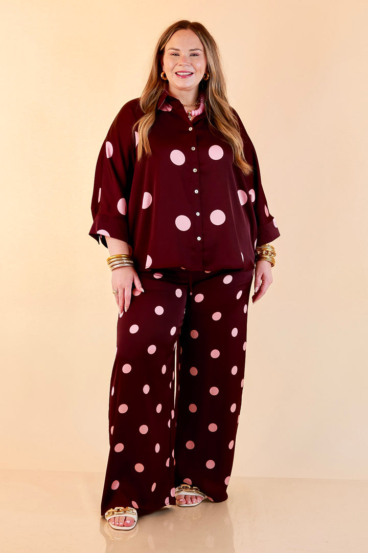 Two of a Kind Full Length Wide Leg Pull-On Drawstring Blush Pink Polka Dot Pants in Maroon