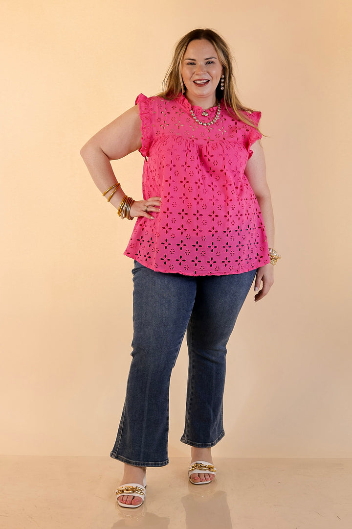 Mud Pie | Bloom with Joy Eyelet Ruffle Sleeve Top with Mock Neckline in Bright Pink