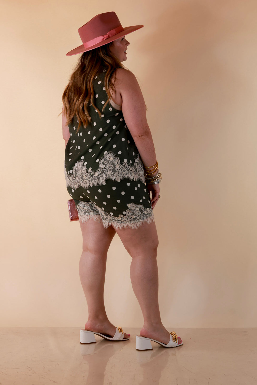Pretty Little Something Polka Dot Drawstring Shorts with Lace Trim in Olive Green