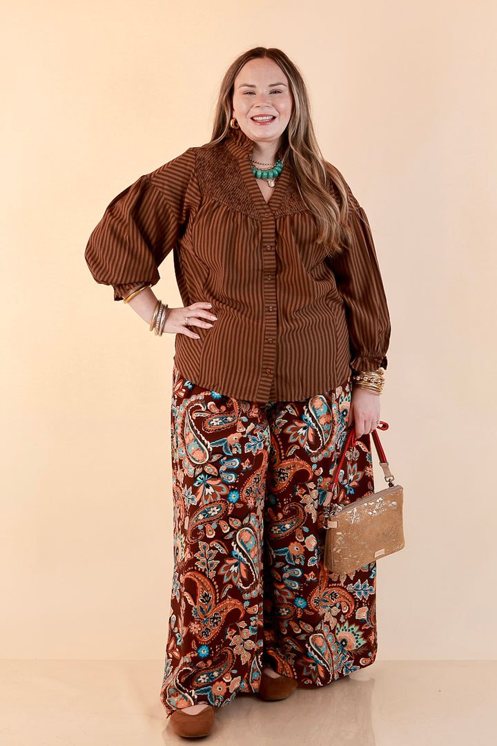 A Fine Line Smocked Ruffle Neck Long Sleeve Striped Button Front Blouse in Chocolate Brown