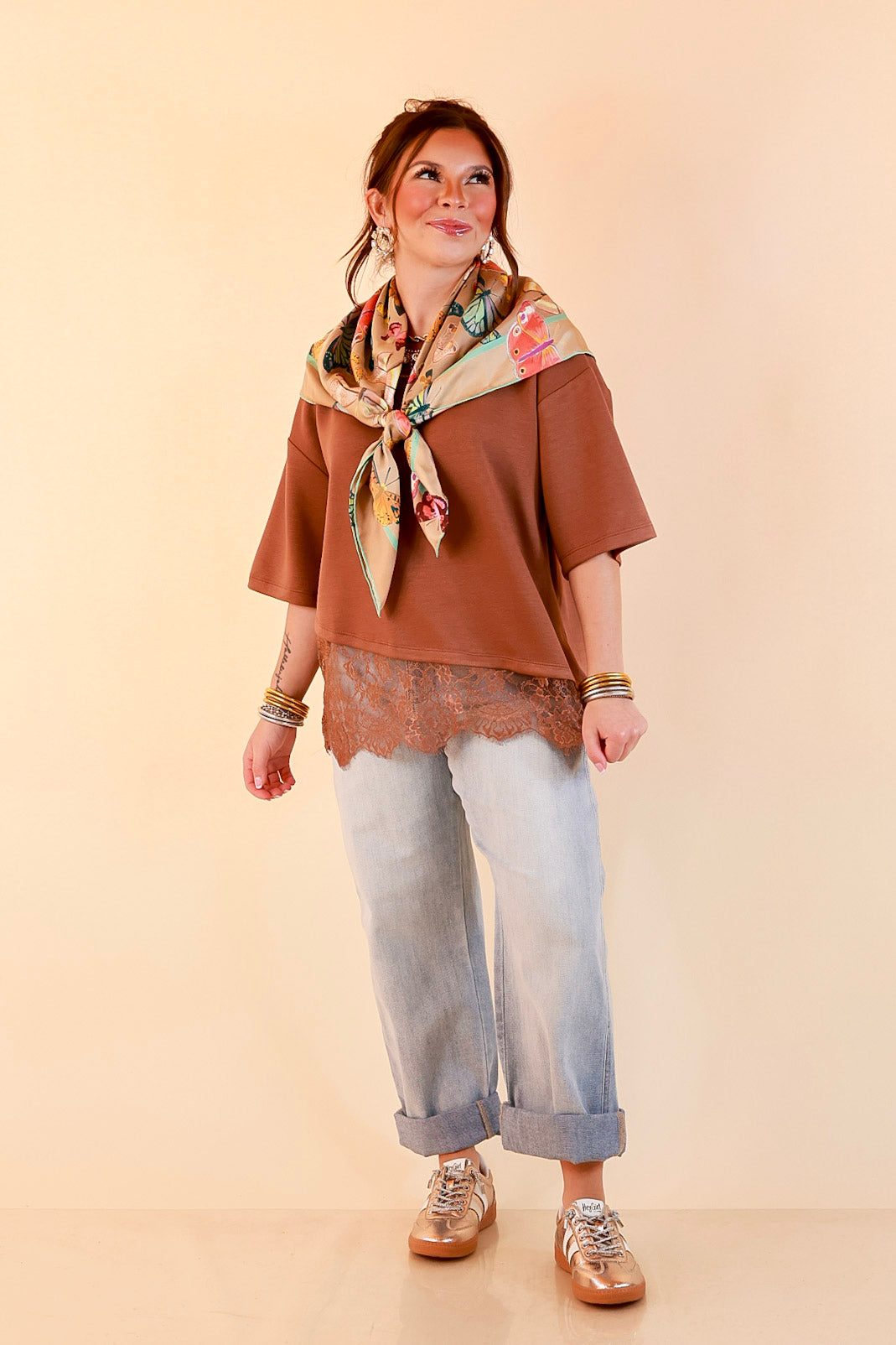 Laced with Charm Oversized Asymmetrical Lace Trim Boxy Top in Coco Brown