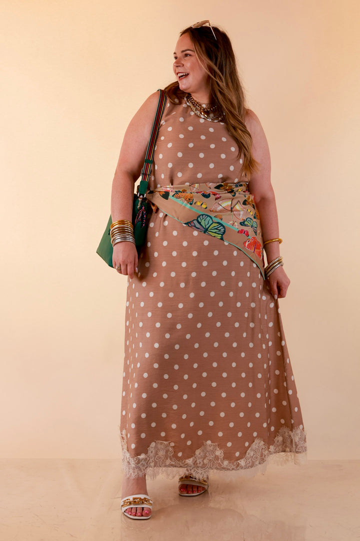 Sweet Little Something Polka Dot Sleeveless Maxi Dress with Lace Trim in Tan
