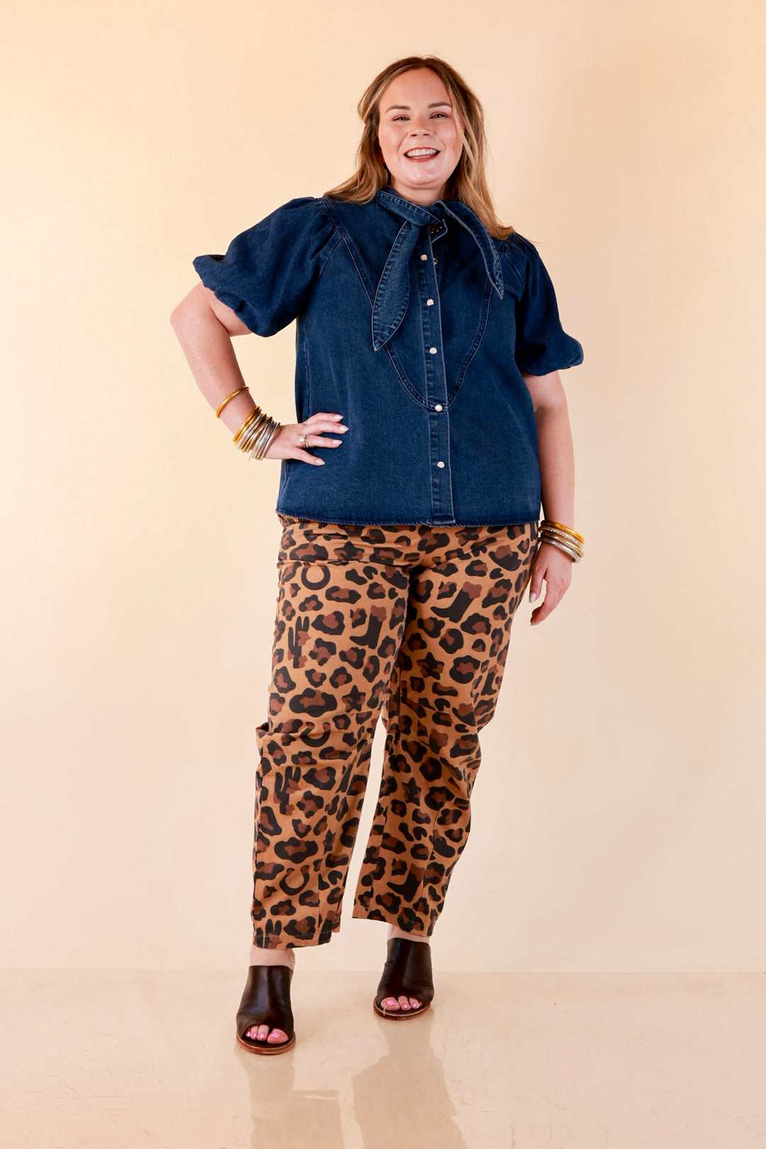 Modern Drama Leopard Print Wide Leg Barrel Jeans with Elastic Drawstring Waist in Camel Brown