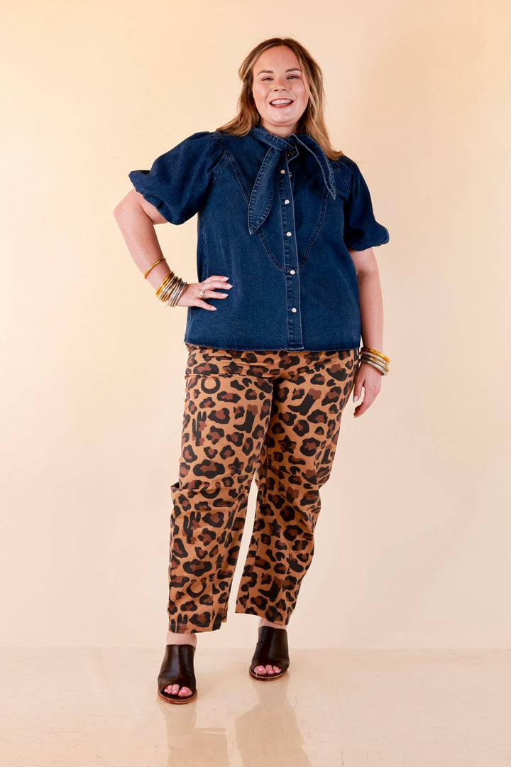 Modern Drama Leopard Print Wide Leg Barrel Jeans with Elastic Drawstring Waist in Camel Brown