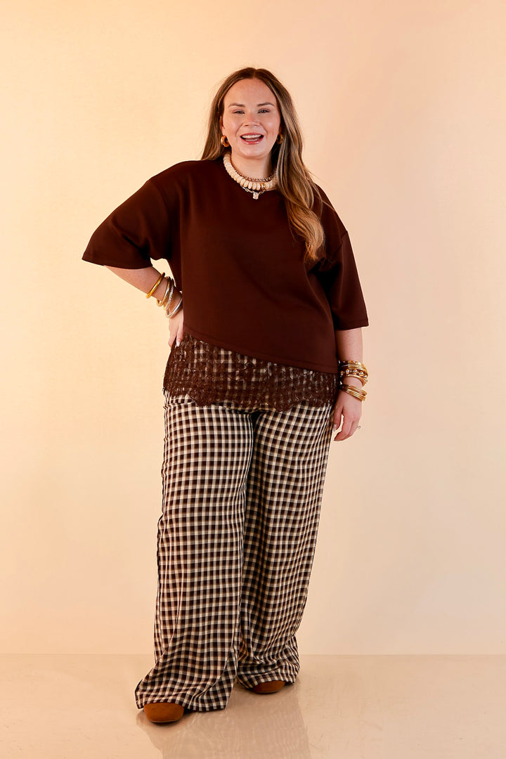 Laced with Charm Oversized Asymmetrical Lace Trim Boxy Top in Chocolate Brown