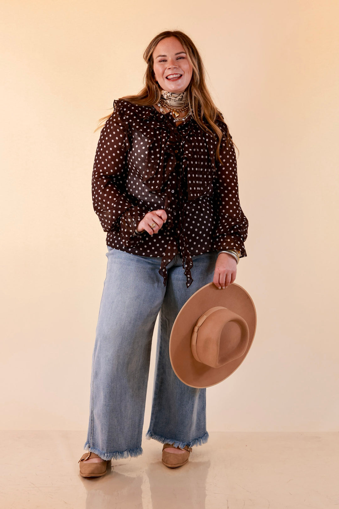 Finer Things Long Sleeve Sheer Ruffle Polka Dot Print Blouse with Balloon Sleeves in Chocolate Brown with White Dots