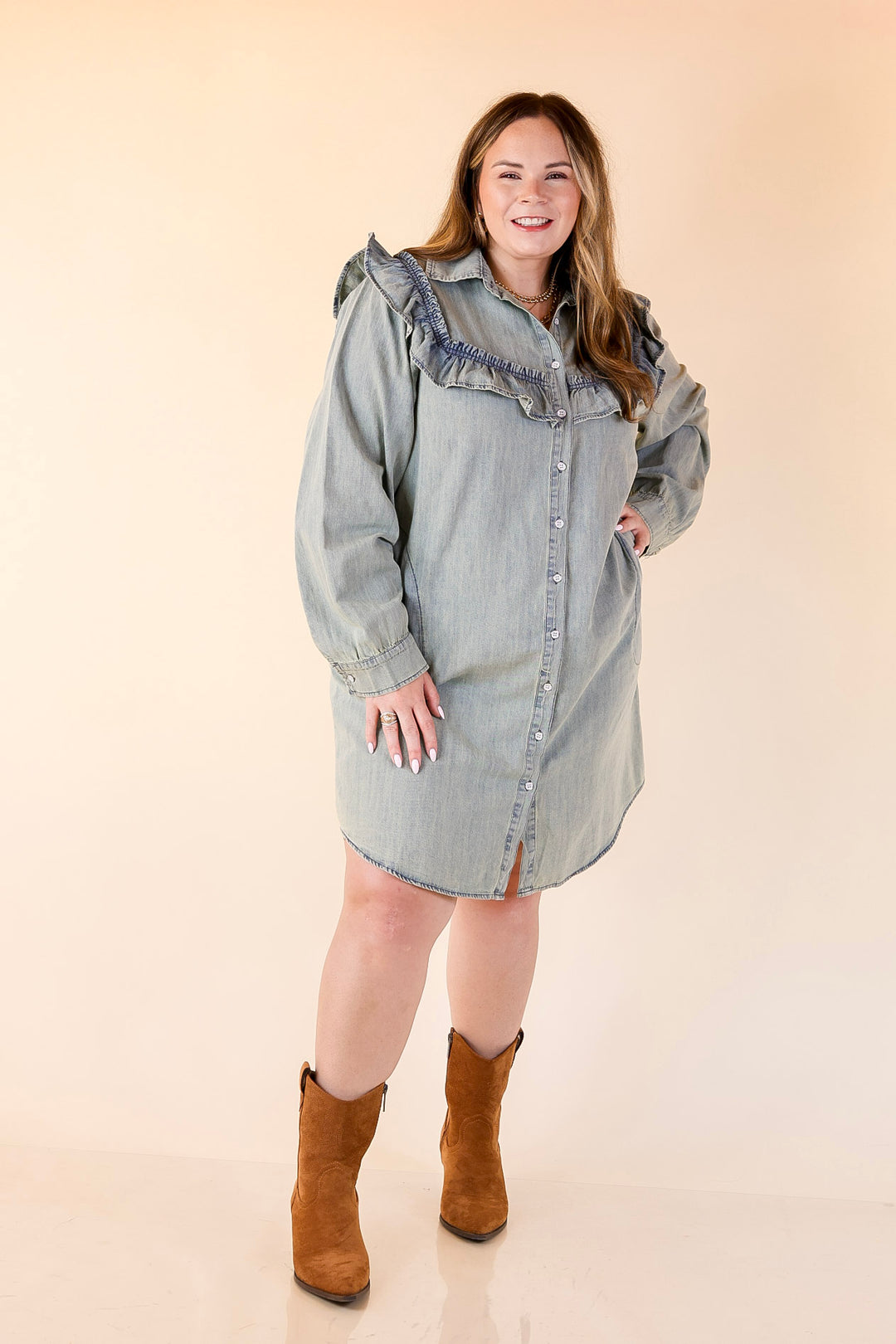 Blue Jean Beauty Denim Dress with Pockets and Ruffle Trim in Medium Wash