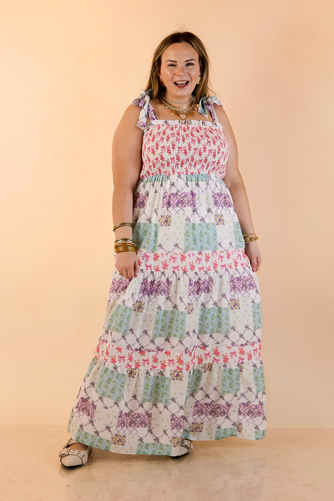 Simply Southern | Spring Symphony Patchwork Print Smocked Maxi Dress with Shoulder Ties and Tiered Skirt in Multi Floral