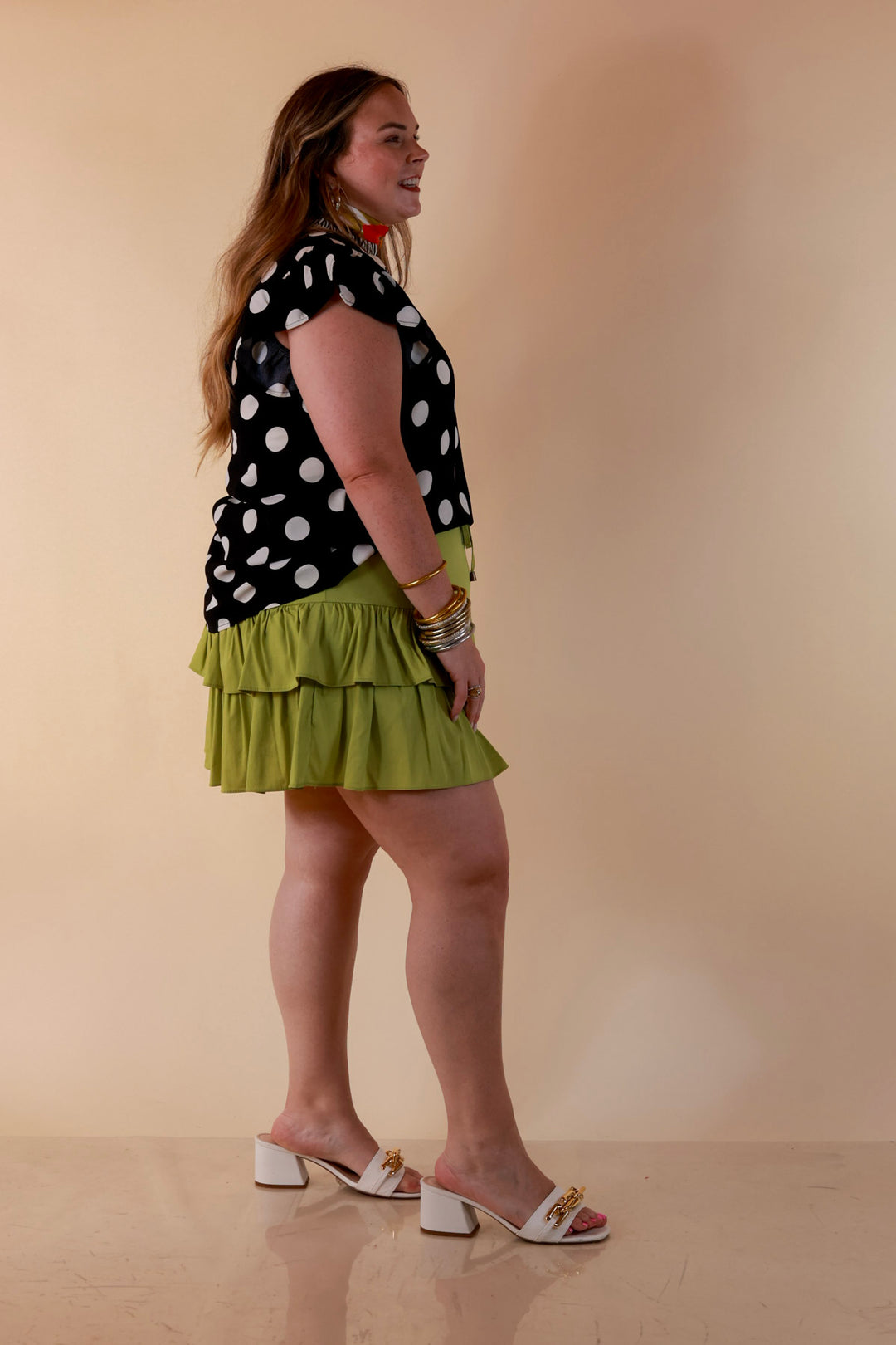 In Good Company Large Polka Dot Blouse with Ruffle Sleeves and Contrast Trim and Collar in Black with Cream Dots
