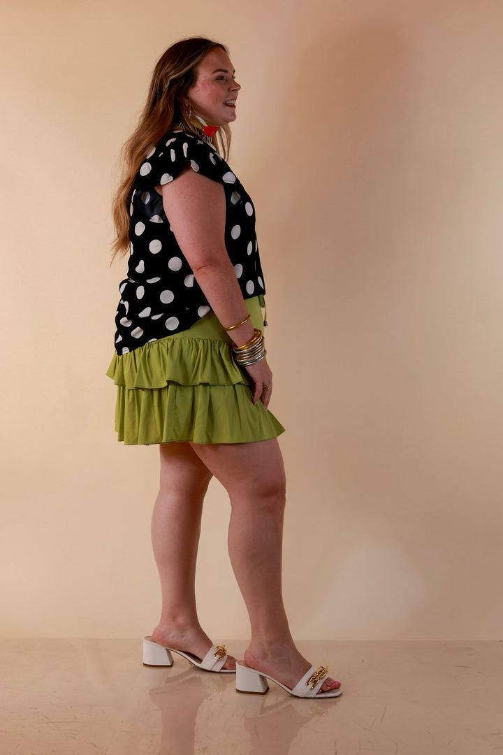 In Good Company Large Polka Dot Blouse with Ruffle Sleeves and Contrast Trim and Collar in Black with Cream Dots