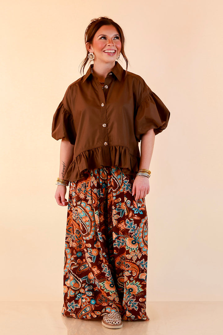 Free to Be Paisley Print Wide Leg Elastic Waist Pants in Chocolate Brown
