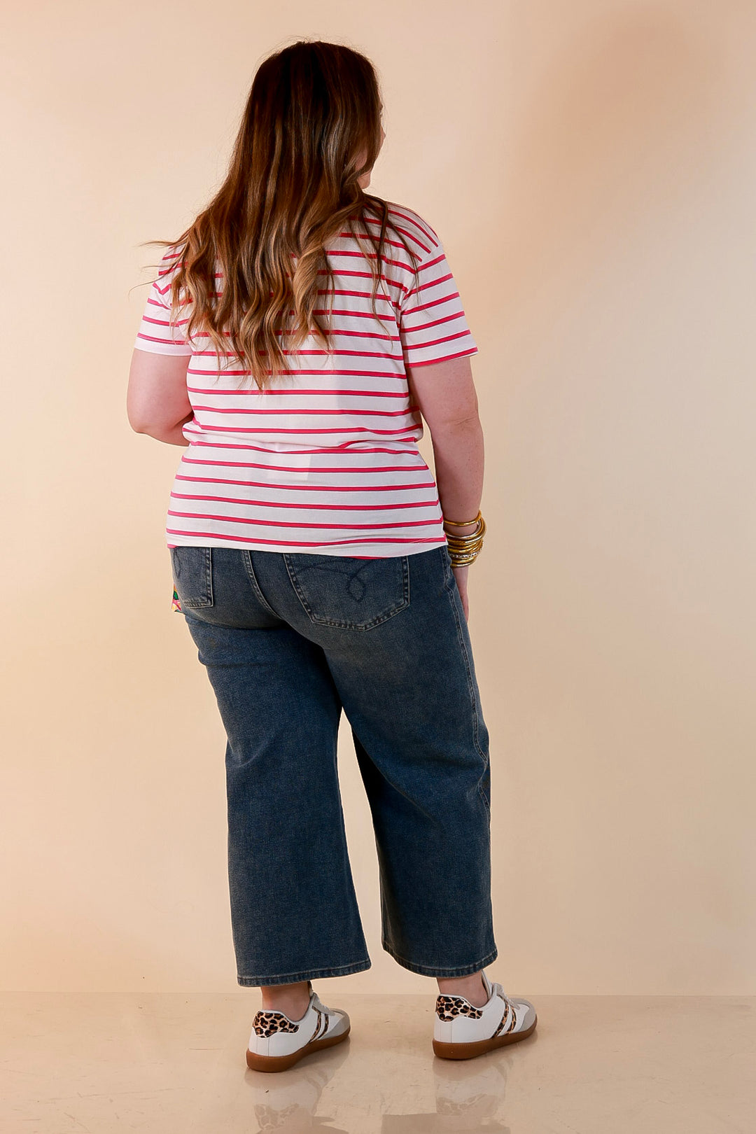 The Daily Stripe Scoop Neck Short Sleeve Striped Tee Top in Hot Pink