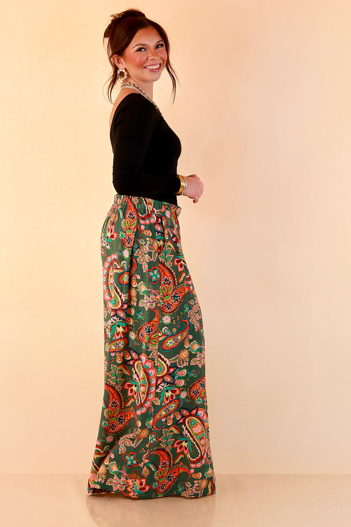 Free to Be Paisley Print Wide Leg Elastic Waist Pants in Olive Green