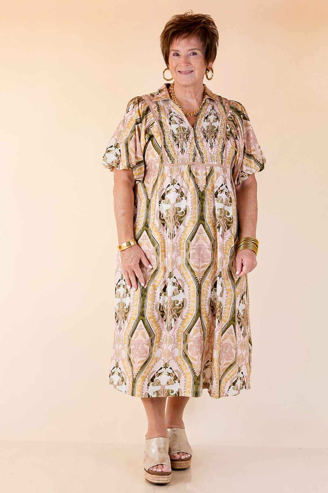 Whimsical Wonder Floral Abstract Print Collared Midi Dress in Pink and Olive Green Mix