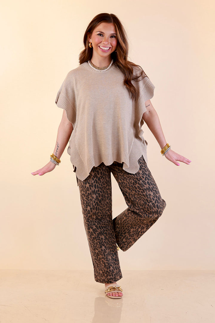 Mud Pie | Sweet Simplicity Scalloped Edge Side Tie Knit One Sized Poncho Sweater in Tan
