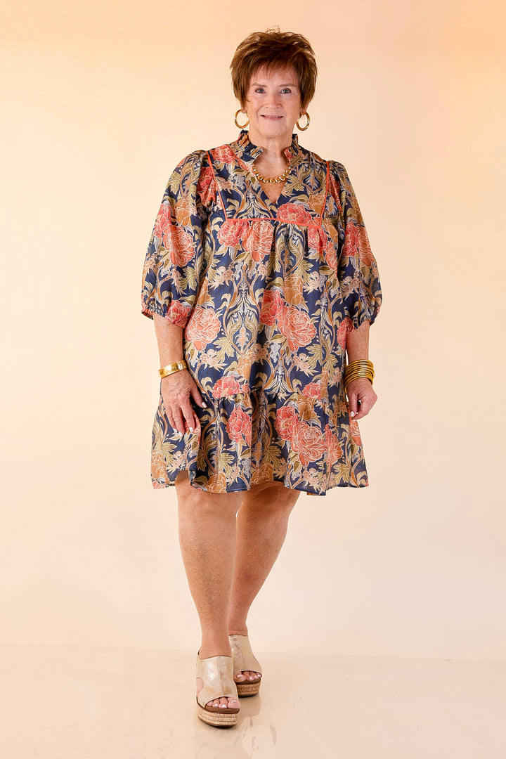 Blooming Days Ahead Floral Print V Neck Dress with Ruffle Trim Collar in Navy Mix